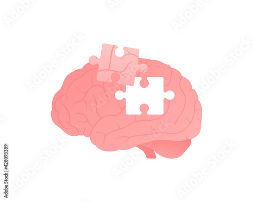 Mind, think, psychology and mental disease concept. Vector flat color icon illustration. Brain jigsaw silhouette with puzzle piece sign. Creative thinking, brainstorm and dementia symbol.