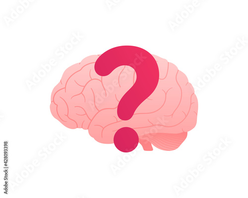 Mind, think, psychology and mental disease concept. Vector flat color icon illustration. Brain silhouette with red question mark sign. Doubt, brainstorm and alzheimer symbol. Design element.
