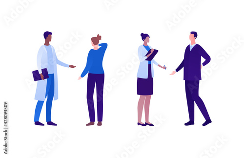 Doctor and patient in pain concept. Vector flat character illustration set. Collection of man and woman standing with backache and neck ache. Design for health care.