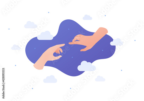 Relationship and support concept. Vector flat illustration. Couple of hands touching by finger in sky background. Design element.