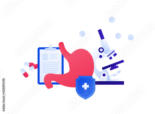 Stomach check and gastrology concept. Vector flat illustration. Digestive system, microscope, pill medicine and shield protection symbol. Design element for health care, education, science.