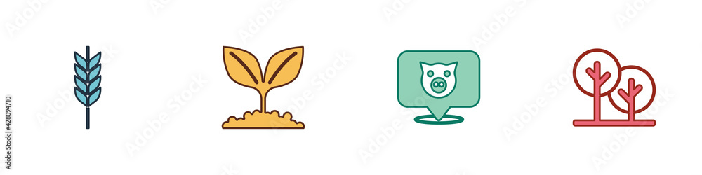Set Wheat, Plant, Pig and Tree icon. Vector