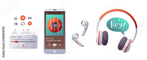 Microphone, Phone, headphones, earphones and music control. Podcast, Streaming, Online show, blogging, radio broadcasting concept.  isolated vector illustration for poster, banner, advertising.