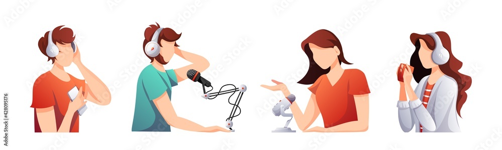People, microphones, headphones podcast elements. Podcast, Streaming, Online show, blogging, radio broadcasting concept. Isolated vector illustration for poster, banner, advertising. People, microphones, headphones podcast elements. Podcast, Streaming, Online show, blogging, radio broadcasting concept. Isolated vector illustration for poster, banner, advertising.