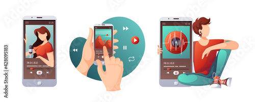 People, microphones, smartphone, podcast elements. Podcast, Streaming, Online show, blogging, radio broadcasting concept. Isolated vector illustration for poster, banner, advertising.