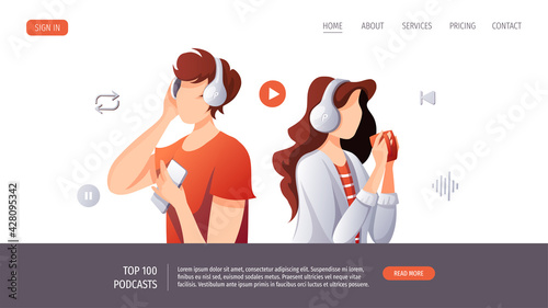 People with headphones listening to music, audio book or podcast. E-learning, online courses, relaxing concept. Vector illustration for website, poster, banner.