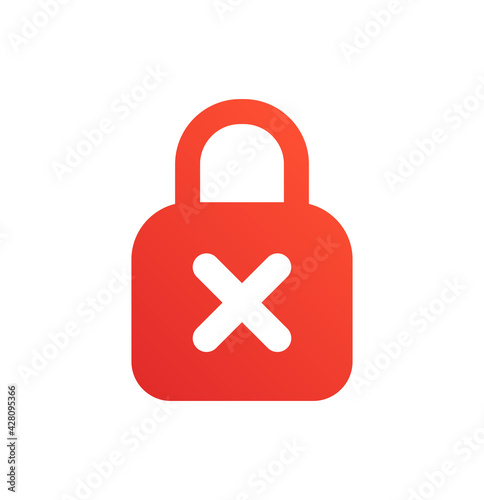 Red padlock unsecured icon, unsafe password protection flat design concept vector.