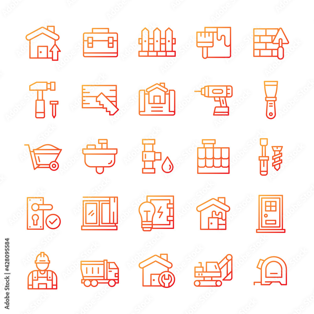 Set of Home and Renovation icons with gradient style. Set of Home and Renovation icons with gradient style.