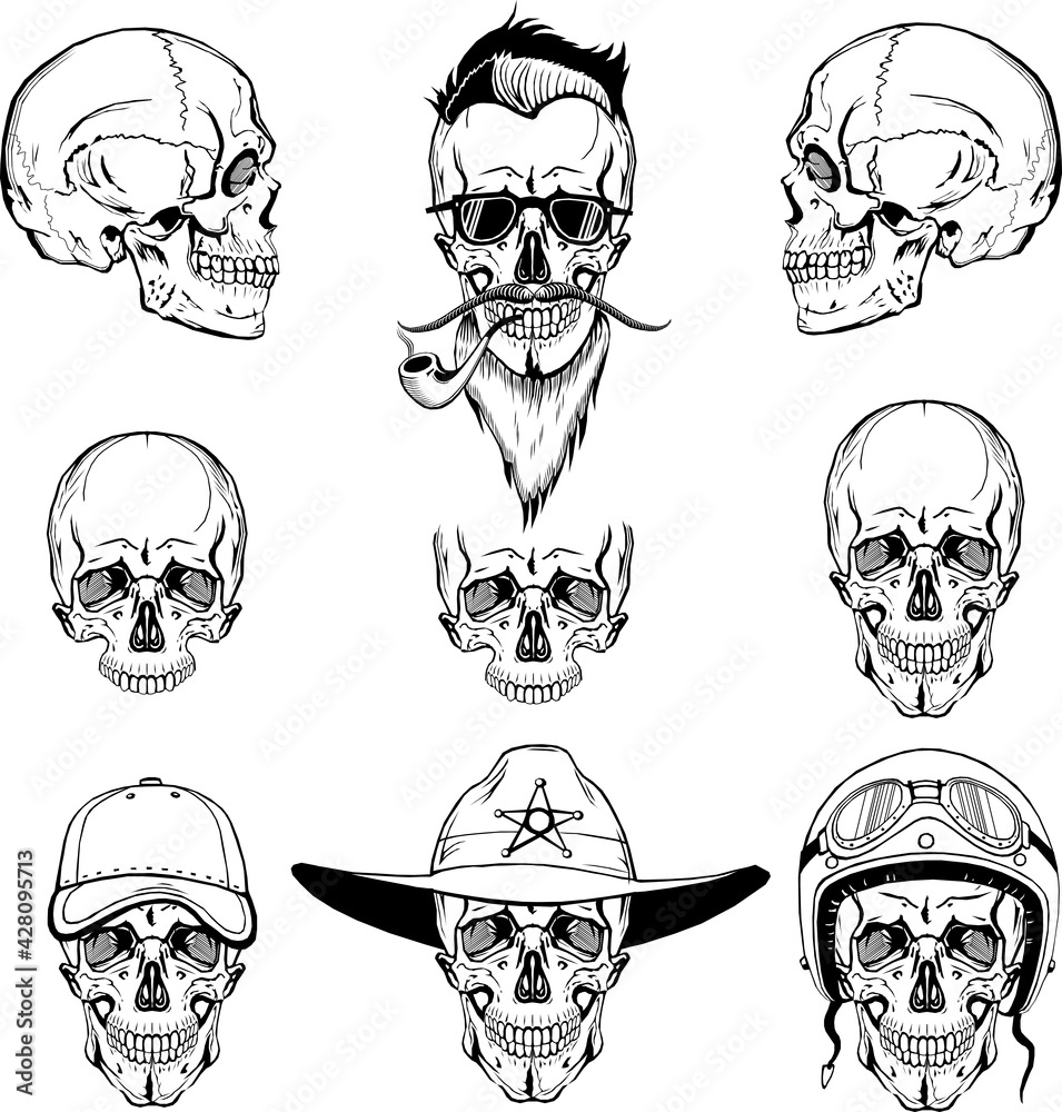 vector skulls set, monogram, graphic illustration, side and front view, clip art