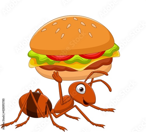 Cartoon funny ant carrying a burger