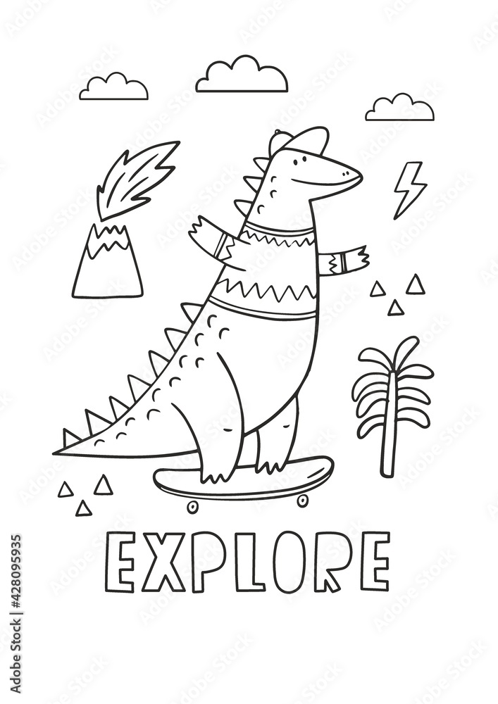Obraz premium Cute cartoon dino on a skateboard in doodle style. Dinosaur coloring page
