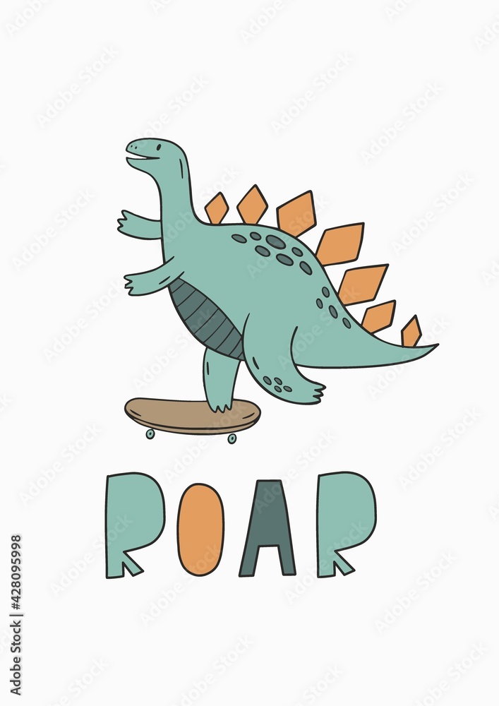 Naklejka premium Cute cartoon dino on a skateboard in doodle style. Dinosaur summer print