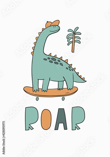 Cute cartoon dino on a skateboard in doodle style. Dinosaur summer print