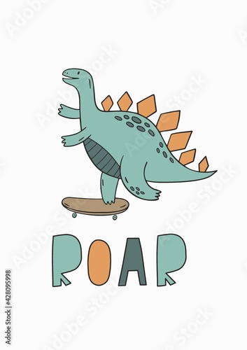 Cute cartoon dino on a skateboard in doodle style. Dinosaur summer print