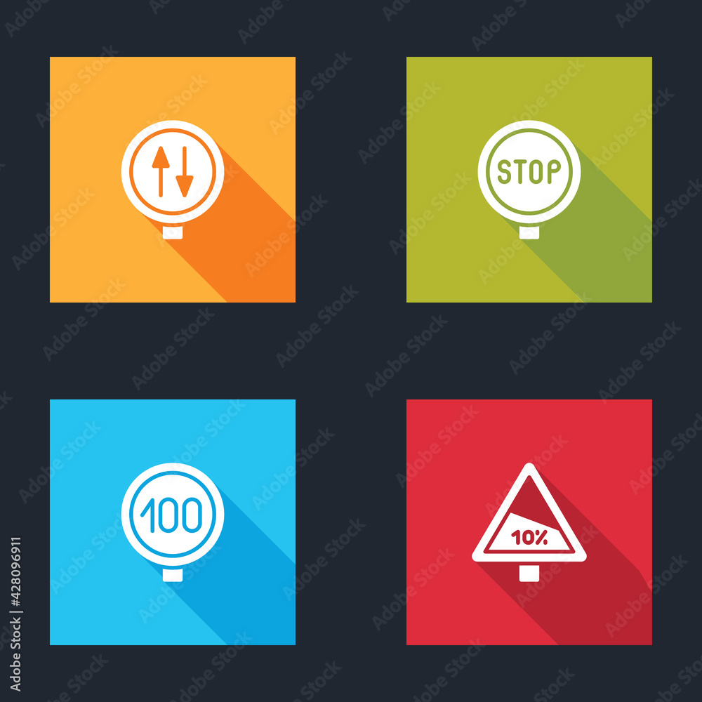 Set Road warning two way traffic, Stop sign, Speed limit and Steep ascent and descent road icon. Vector Set Road warning two way traffic, Stop sign, Speed limit and Steep ascent and descent road icon. Vector