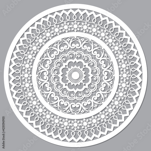 Openwork mandala vector mandala styled as Moroccan wood panels, round arabic pattern in white on gray background