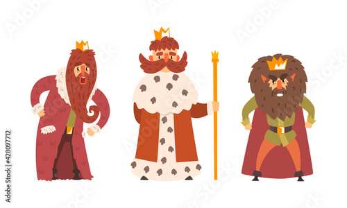 Bearded Kings Wearing Crowns and Mantles Holding Sceptre Vector Set
