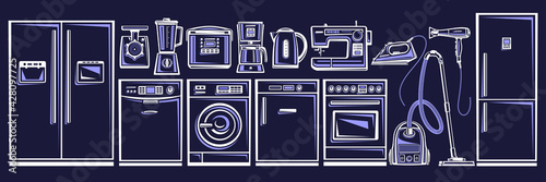 Vector set of Home Appliances, lot collection of cut out outline illustrations household and kitchen appliance for shop sale, dark horizontal banner with modern house hold appliances and blue gadgets.