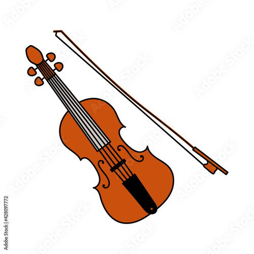 Musical instrument sketch. Violin or viola with bow. Cartoon color vector illustration. Flat icon