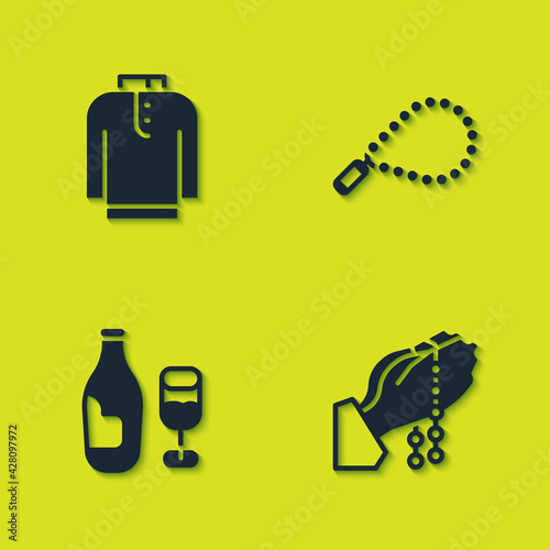 Set Shirt kurta  Hands in praying position  Wine bottle with glass and Rosary beads religion icon. Vector
