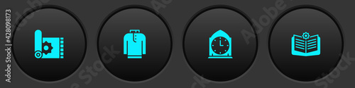Set Traditional carpet, Shirt kurta, Clock and Holy book of Koran icon. Vector