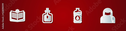 Set Holy book of Koran, Perfume, Bottle water and Muslim woman in niqab icon. Vector