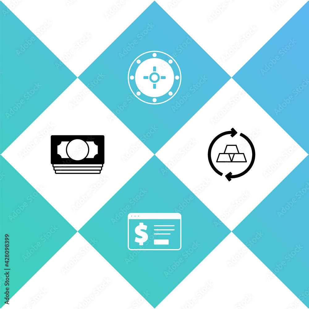 Set Stacks paper money cash, Online banking with dollar, Safe and Gold bars icon. Vector Set Stacks paper money cash, Online banking with dollar, Safe and Gold bars icon. Vector