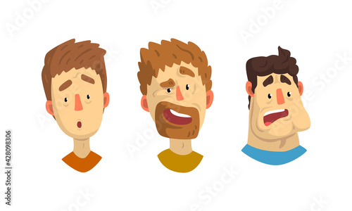 Man Head Showing Facial Expression with Raised Eyebrows and Open Mouth Vector Set