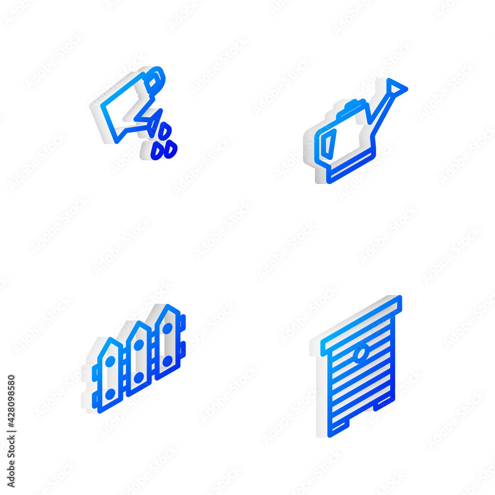Set Isometric line Watering can, , Garden fence wooden and Hive for bees icon. Vector Set Isometric line Watering can, , Garden fence wooden and Hive for bees icon. Vector