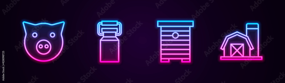 Set line Pig, Can container for milk, Hive bees and Farm house. Glowing neon icon. Vector