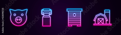 Set line Pig, Can container for milk, Hive bees and Farm house. Glowing neon icon. Vector