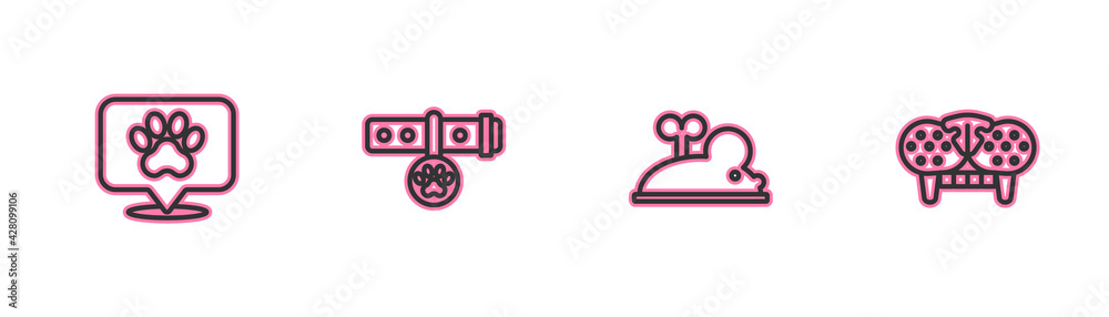 Set line Location veterinary hospital, Clockwork mouse, Collar with name tag and Cat tooth icon. Vector