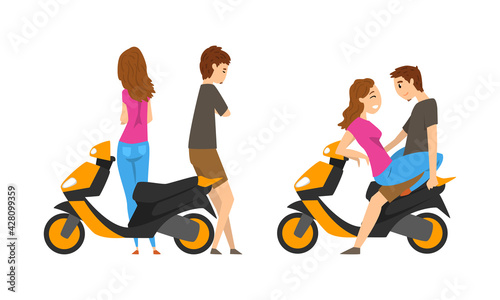 Loving Couple on Scooter Sitting and Pouting at Each Other Vector Set © topvectors