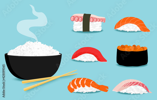 Sushi set and rice in a bowl with chopsticks.