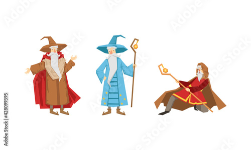 Wizard or Sorcerer as Wise Old Man with White Beard and Pointed Hat Performing Magic Vector Set