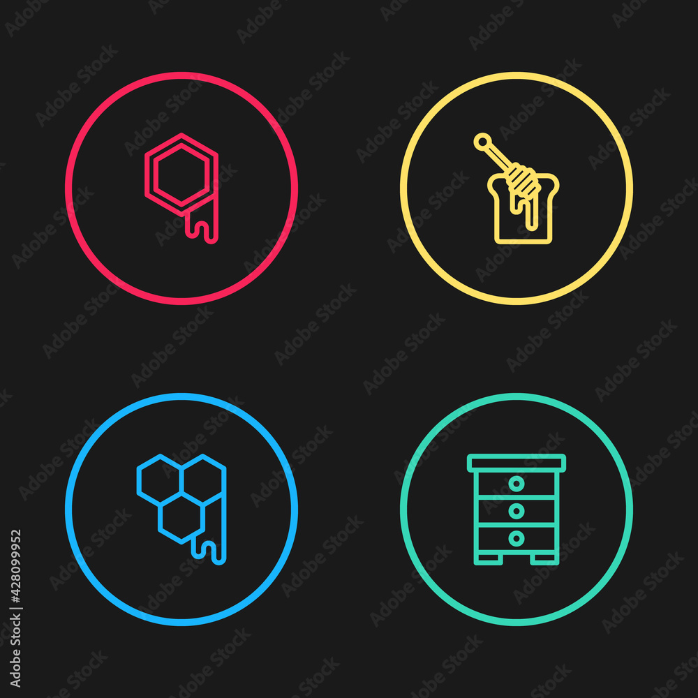 Set line Honeycomb, Hive for bees, dipper stick with honey and icon. Vector Set line Honeycomb, Hive for bees, dipper stick with honey and icon. Vector
