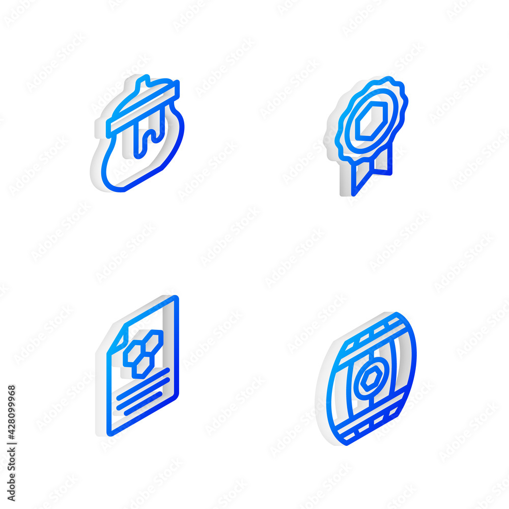 Set Isometric line Honey medal, Jar of honey, Honeycomb and Wooden barrel with icon. Vector Set Isometric line Honey medal, Jar of honey, Honeycomb and Wooden barrel with icon. Vector