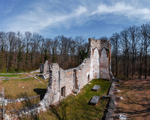 Saint Michael monastery ruins Hungary near by Nagyvazsony city. Ancient ruins from XIII century. Built by Pal Kinizsi. He is a famous hungaryan historical person. Pauline monastery. photo