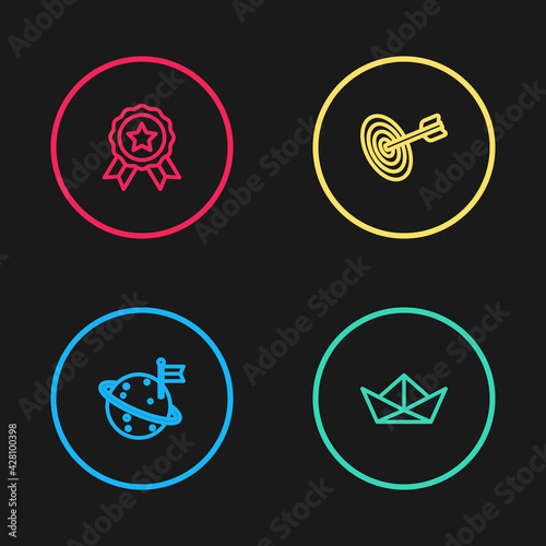 Set line Moon with flag, Folded paper boat, Target and Medal icon. Vector
