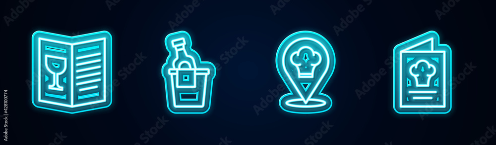 Set line Restaurant cafe menu, Champagne in ice bucket, Chef hat with location and Cookbook. Glowing neon icon. Vector