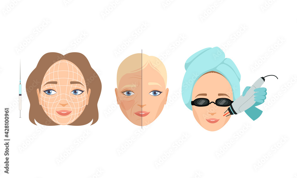 Face Skin Care and Cosmetic Treatment with Female Head in Wrapped Towel Having Dermal Procedure Vector Set Face Skin Care and Cosmetic Treatment with Female Head in Wrapped Towel Having Dermal Procedure Vector Set