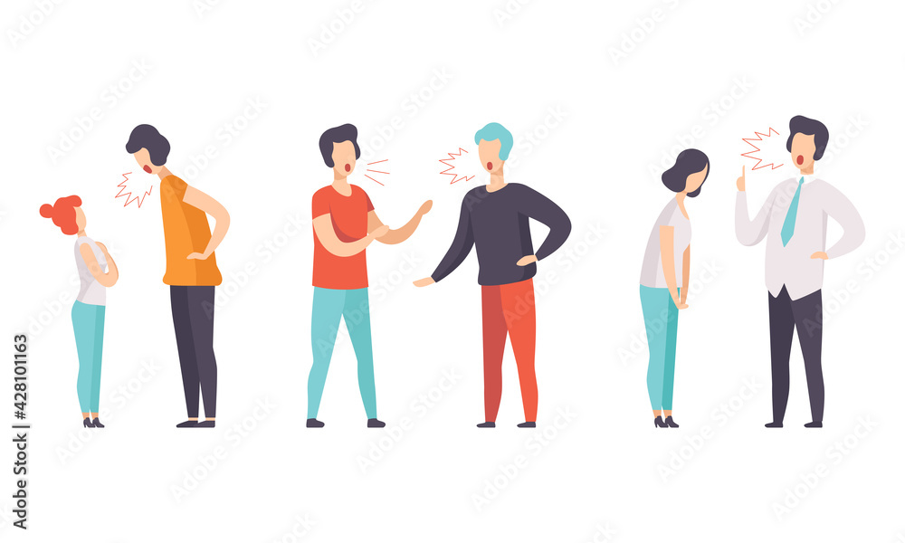 Man and Woman Quarrelling and Arguing with Each Other Shouting and Yelling Vector Illustration Set Man and Woman Quarrelling and Arguing with Each Other Shouting and Yelling Vector Illustration Set