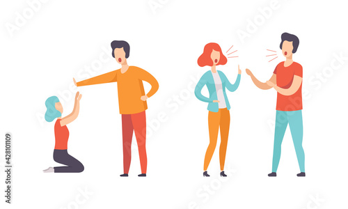Man and Woman Quarrelling and Arguing with Each Other Shouting and Yelling Vector Illustration Set