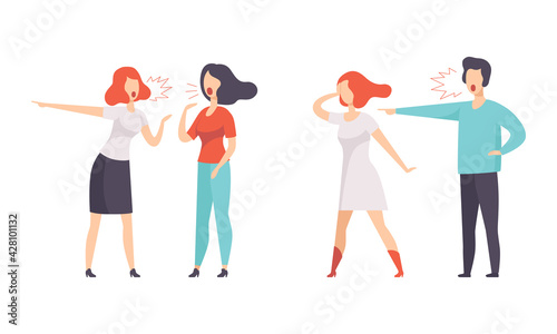 Man and Woman Quarrelling and Arguing with Each Other Shouting and Yelling Vector Illustration Set