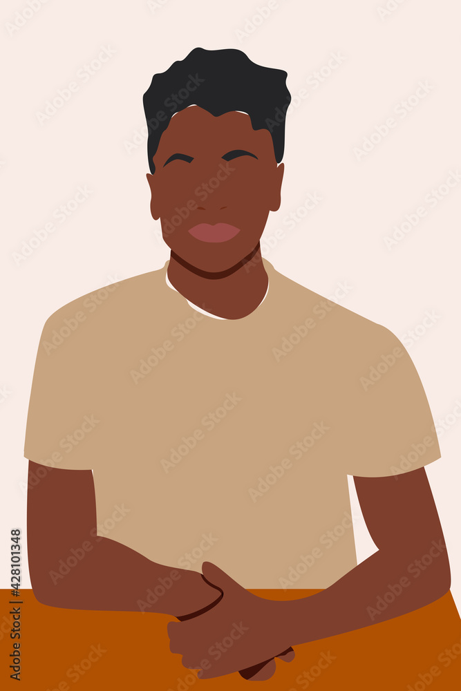 Handsome African American young man in a beige t shirt. Vector flat cartoon Illustration.