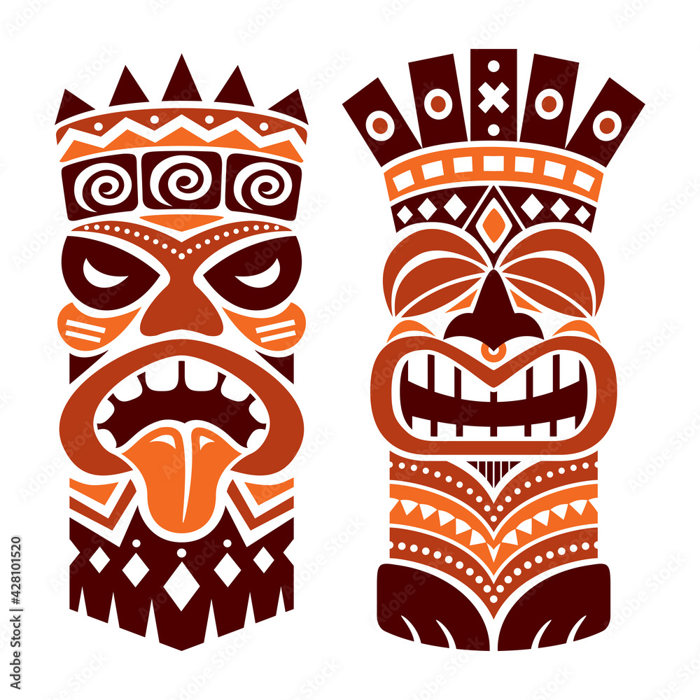 Obraz premium Tiki statue pole totem vector design - traditional decor set from Polynesia and Hawaii, tribal folk art background in brown