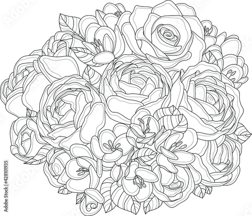 Realistic rose, peony and small flowers bouquet sketch template. Graphic cartoon vector illustration in black and white for games, background, pattern, decor. Coloring paper, page, story book, print