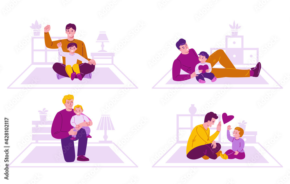 Set of concept of spending time together father and children. Family on the background of the interior of the room. Vector illustration in flat cartoon style.