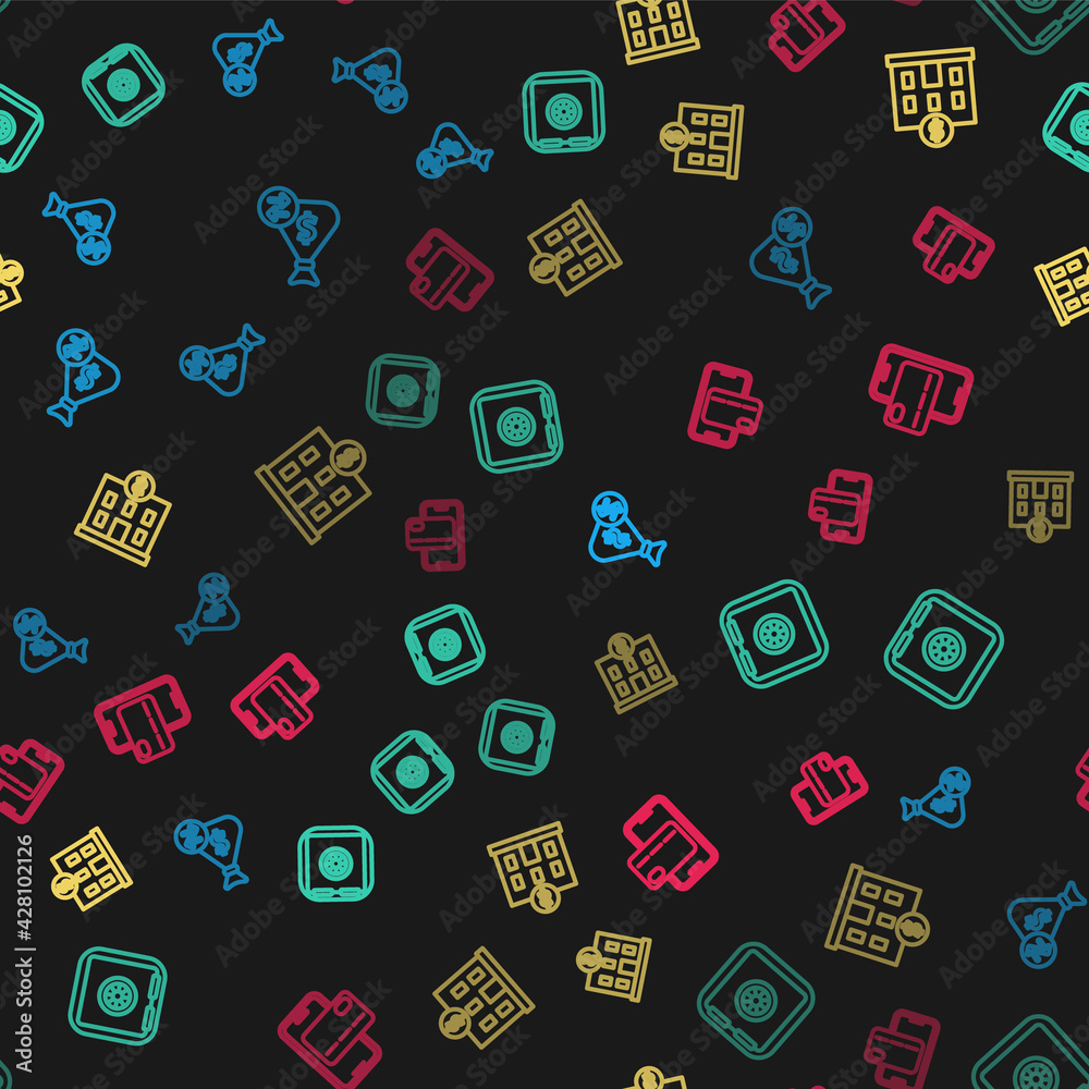 Set line Money bag, Safe, Bank building and Mobile banking on seamless pattern. Vector Set line Money bag, Safe, Bank building and Mobile banking on seamless pattern. Vector