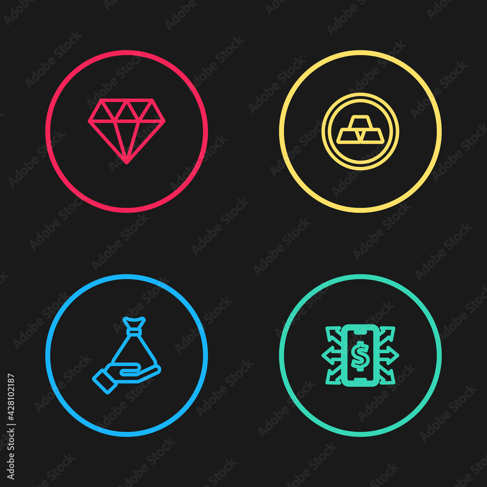 Set line Money in hand, Smartphone with dollar, Gold bars and Diamond icon. Vector Set line Money in hand, Smartphone with dollar, Gold bars and Diamond icon. Vector